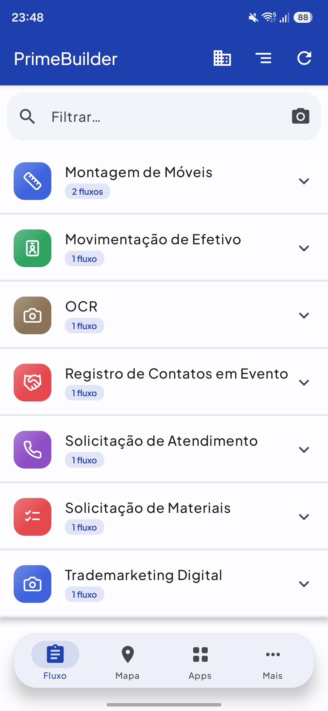 PrimeBuilder App — atividades recebidas de diversos fluxos